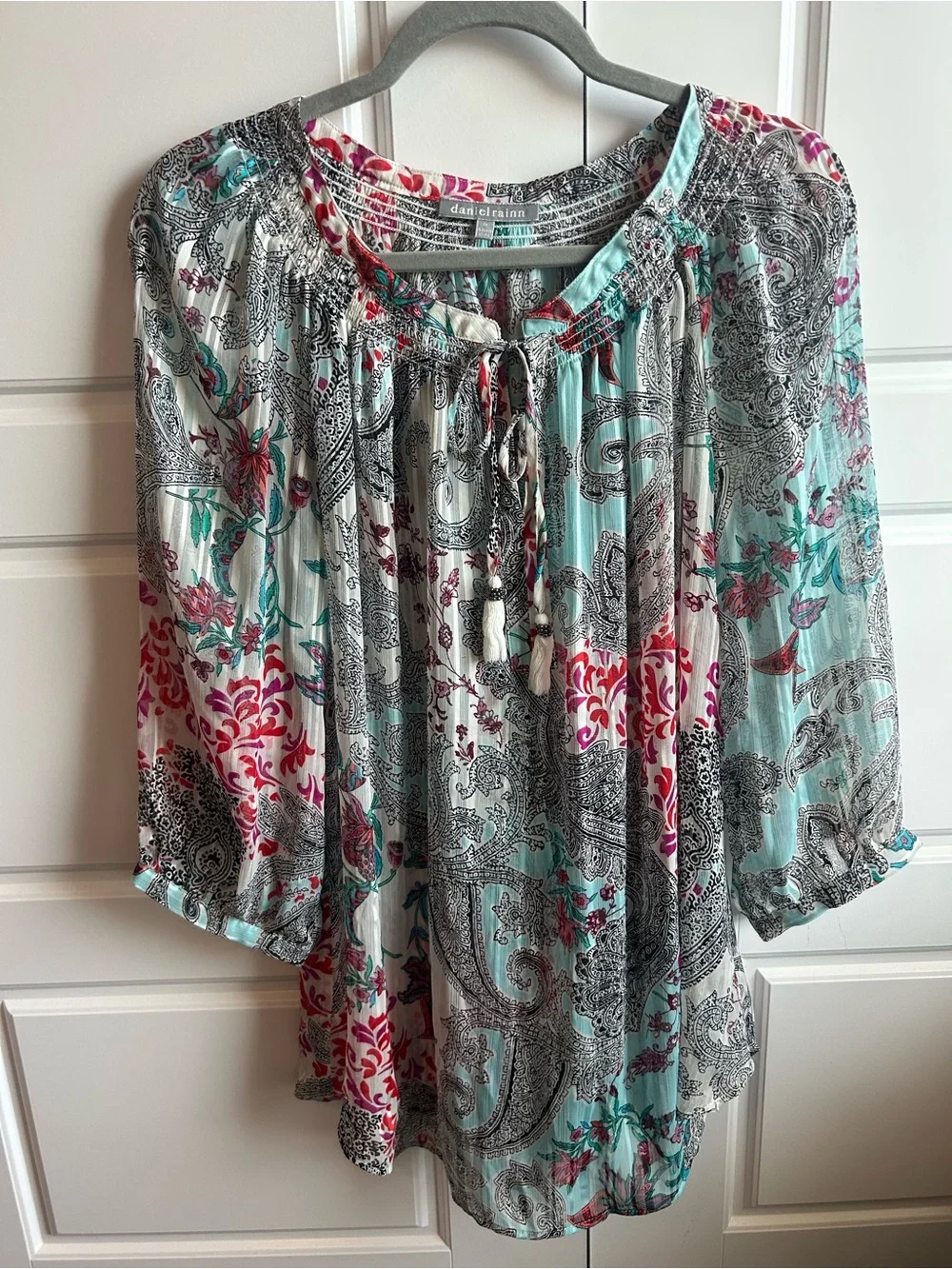 Daniel Rainn 1X Aqua & Pink Floral Paisley Peasant Blouse - Picture 2 of 15